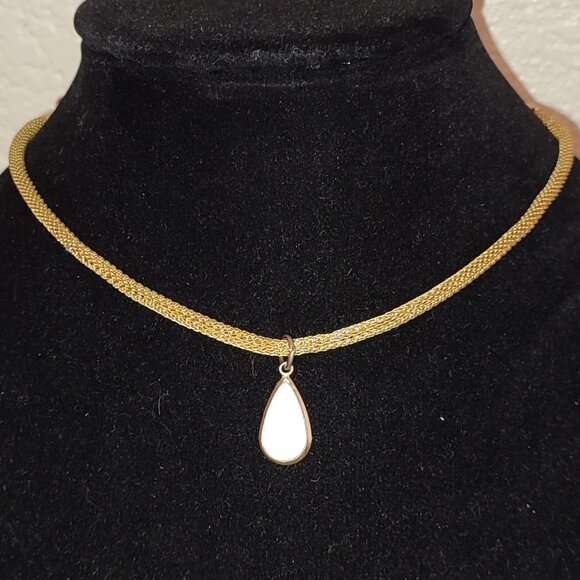 Golden Necklace with White Teardrop Pendant Vintage Jewelry Base of the Neck - Picture 1 of 8